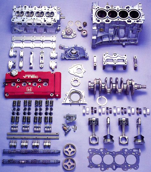 beautifullyengineered:  Great Works for the Enthusiast Masses by the Honda Motor Company B16A, C30A, B18C (‘96-spec), F20C, K20A