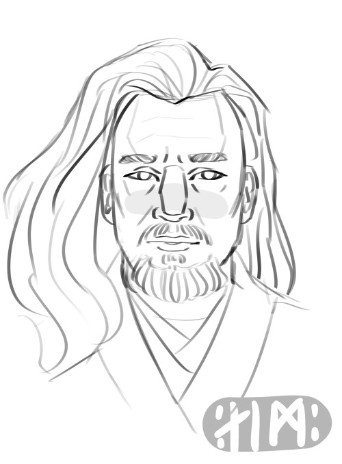 But what if Qui Gon had a mullet, I hear you ask(Click for better quality ‍♀️)[ID: Seven sketches of