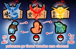 ibitaniryou:   POKEMON GO! MIX AND MATCH TIERED WOODEN CHARMS!  my pokego charms are up for preorder! otakon pickup available!these charms feature 1.5 inch team emas, 1 inch starter pokemon, and .5 inch pokeballs! They are mix and match, so you can rep