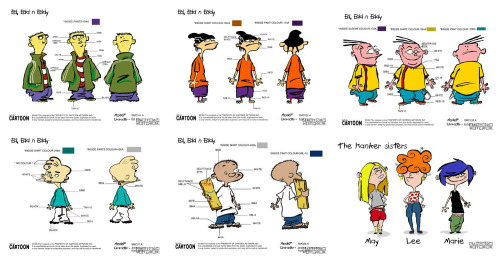 edsophile:  Here are the color charts from the Ed Edd n Eddy Style Guide. These are the official recommended colors for creating merchandise for the series. I’ve also included some of the color model sheets used in the production of EEnE because oddly