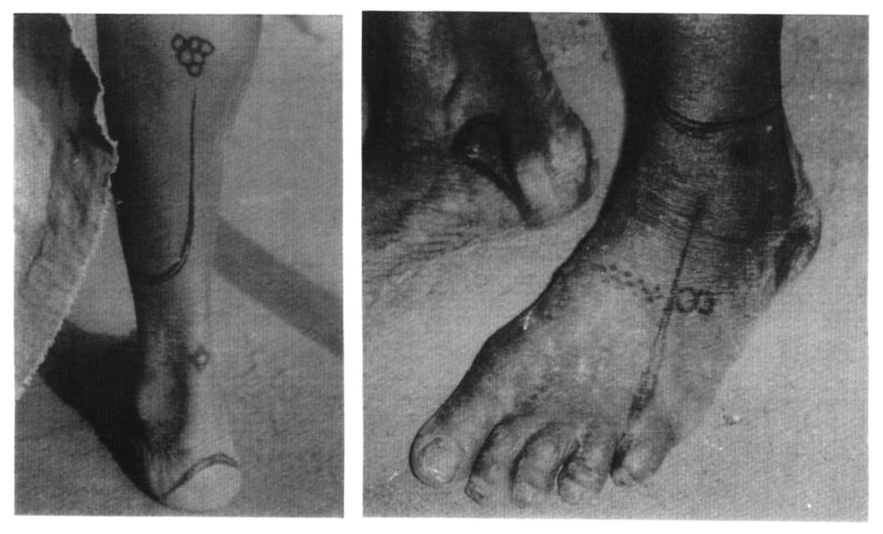 ukpuru:  Uli motifs painted on the leg and foot of an Igbo woman. Unknown photographer.