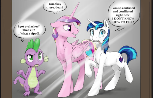 royalsketchbook:  Cadance: It’s okay, Shiny. I won’t take advantage of your confusion… too much. Just to tease you.” Spike: “I guess I gotta hit puberty first before a gender swap mirror would do much.” 