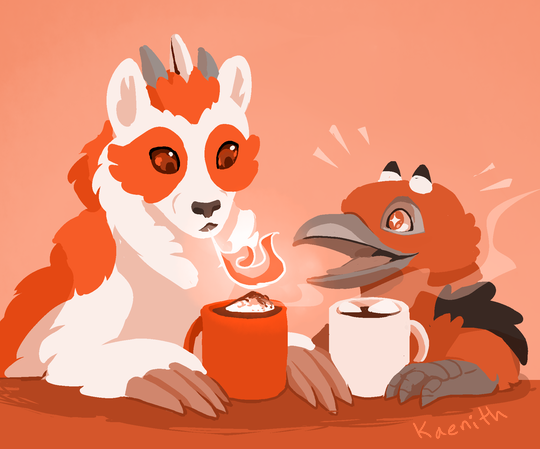 Digital drawing of two mythical creatures - an orange-and-white otter-like Bandersnatch, and an orange gryphon Jub-jub Bird - having hot cocoa with marshmallows.