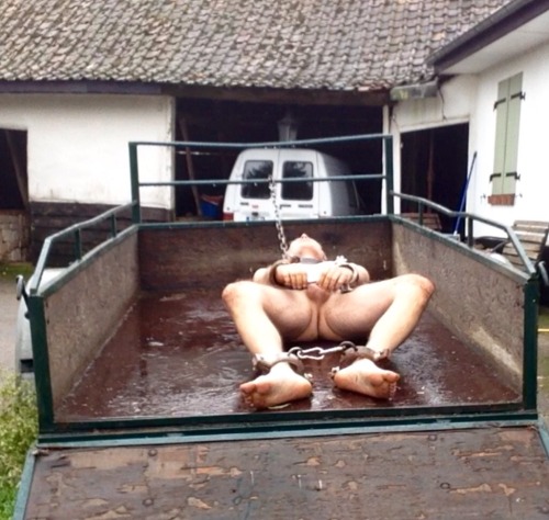 petebrownuk:  xt500france:Ready for transport.. TO BE SOLDWith the continuing fall in farm prices the owner of this slave has decided he needs to economise and sell it.  As a further economy the owner has decided to deliver the property to the slave