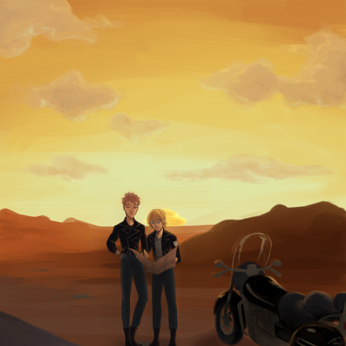 rainbowthinker:  Jearmin Week: Day 2 “TRAVEL” Hey look its the bikergang!AU on a road trip 