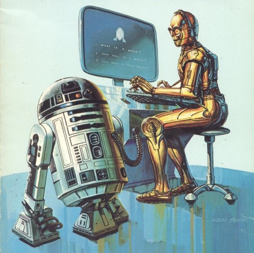 talesfromweirdland:C-3PO and R2D2 meet Robby the Robot.Illustrations by Ken Barr from the Star Wars 
