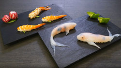 copperbadge:  adhesivesandscrap:  withdrawnwitch:  theinturnetexplorer:     Sushi That Looks Like Real-Life Koi    @adhesivesandscrap  … I think my brain just exploded. Chefs are a on a whole other level of mad genius.  Ohhhhh tempted to try it.  