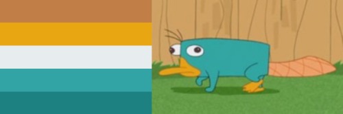 This image is made of two images. On the left is the aroace pride flag, with (from top down) dark orange, light orange, white, teal, and dark teal horizontal stripes. On the right is a picture of cartoon character Perry the Platypus. The same colors have been taken from the image of Perry and used to recreate the aroace flag.