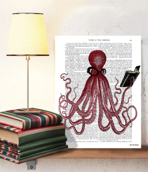 The Intelligent Octopus - Octopus Poster, print nautical print beach house decor bathroom decor, oct