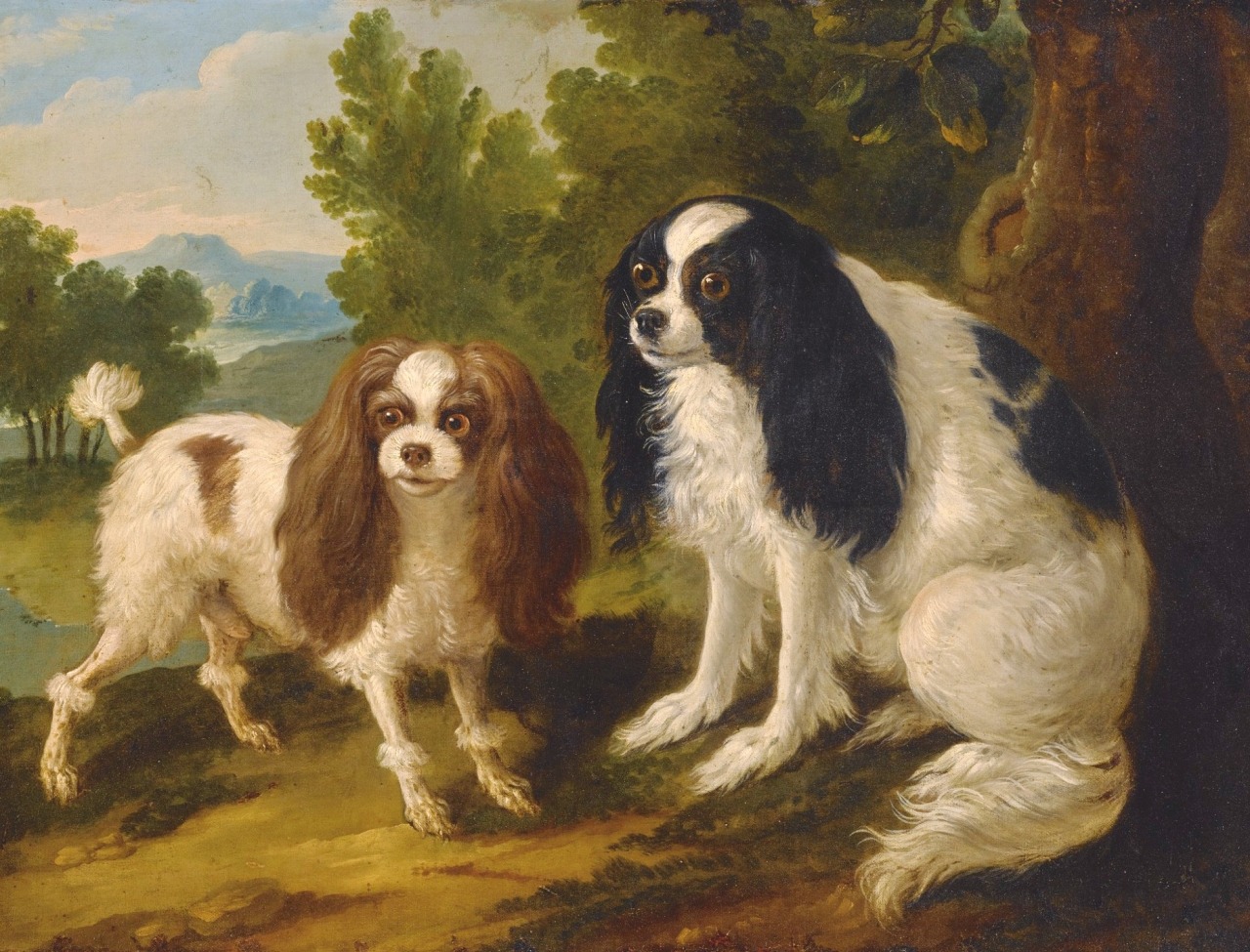 Two Cavalier King Charles Spaniels in a Landscape - English school - 19th c. - via Sotheby’s  