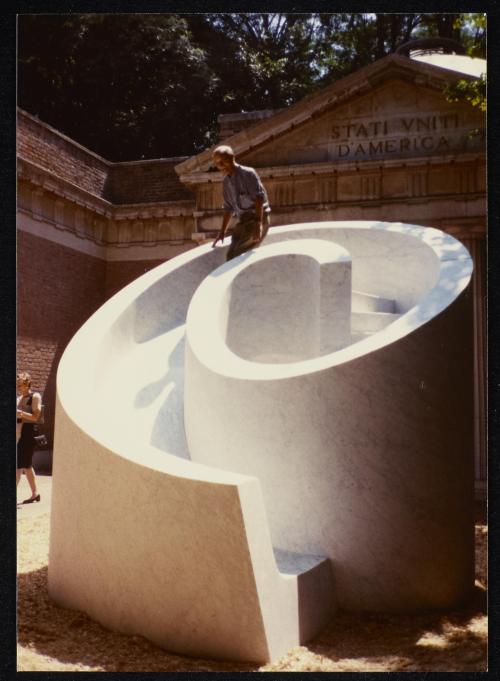 noguchimuseum:An 82 year-old Isamu Noguchi tests his Slide Mantra at the 1986 Venice Biennale. Unkno