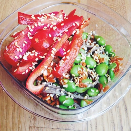 My ultra non-#aesthetic on-the-go lunch. Soba noodle #salad with THE BEST Ginger Soy Dressing in the