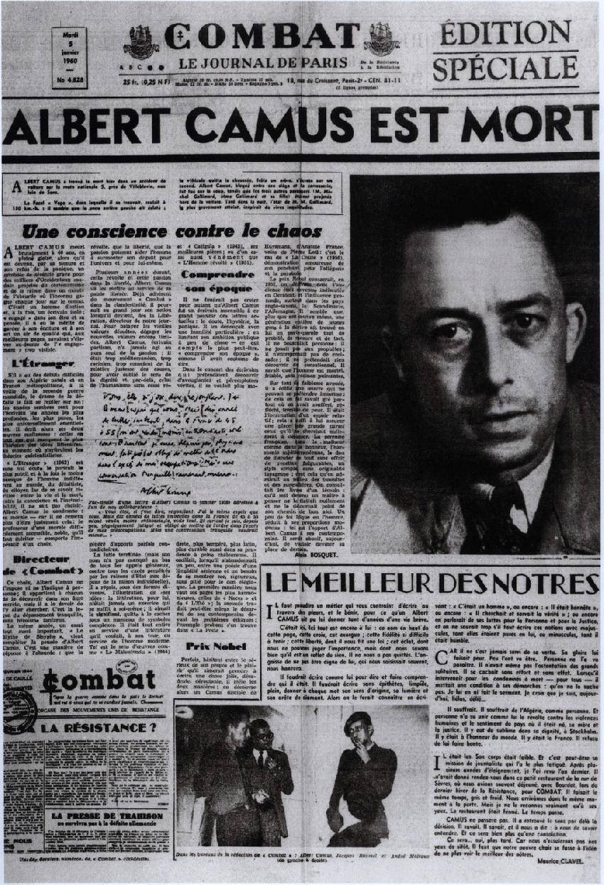 “ Camus died on 4 January 1960 at the age of 46, in a car accident near Sens, in Le Grand Fossard in the small town of Villeblevin. In his coat pocket was an unused train ticket. He had planned to travel by train with his wife and children, but at...
