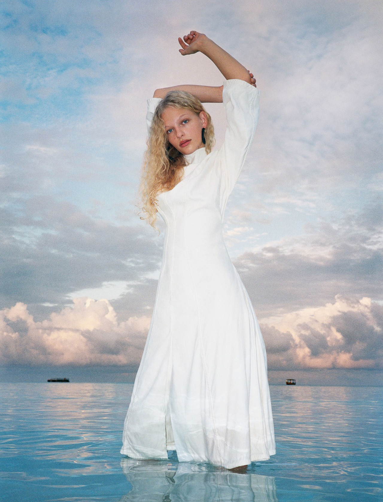 Frederikke Sofie by Tyrone Lebon for Vogue UK—February 2016—cotton satin dress