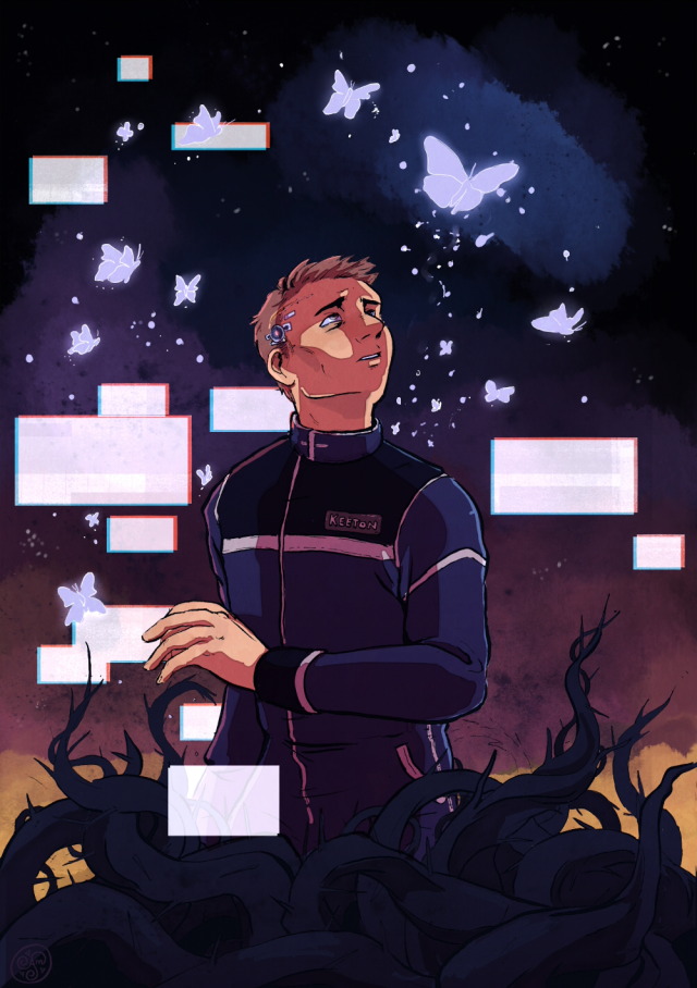 ID - Fanart of Siri Keeton from the novel Blindsight by Peter Watts. Siri is surrounded by holographic-esque butterflies and blank screens that swirl around him.