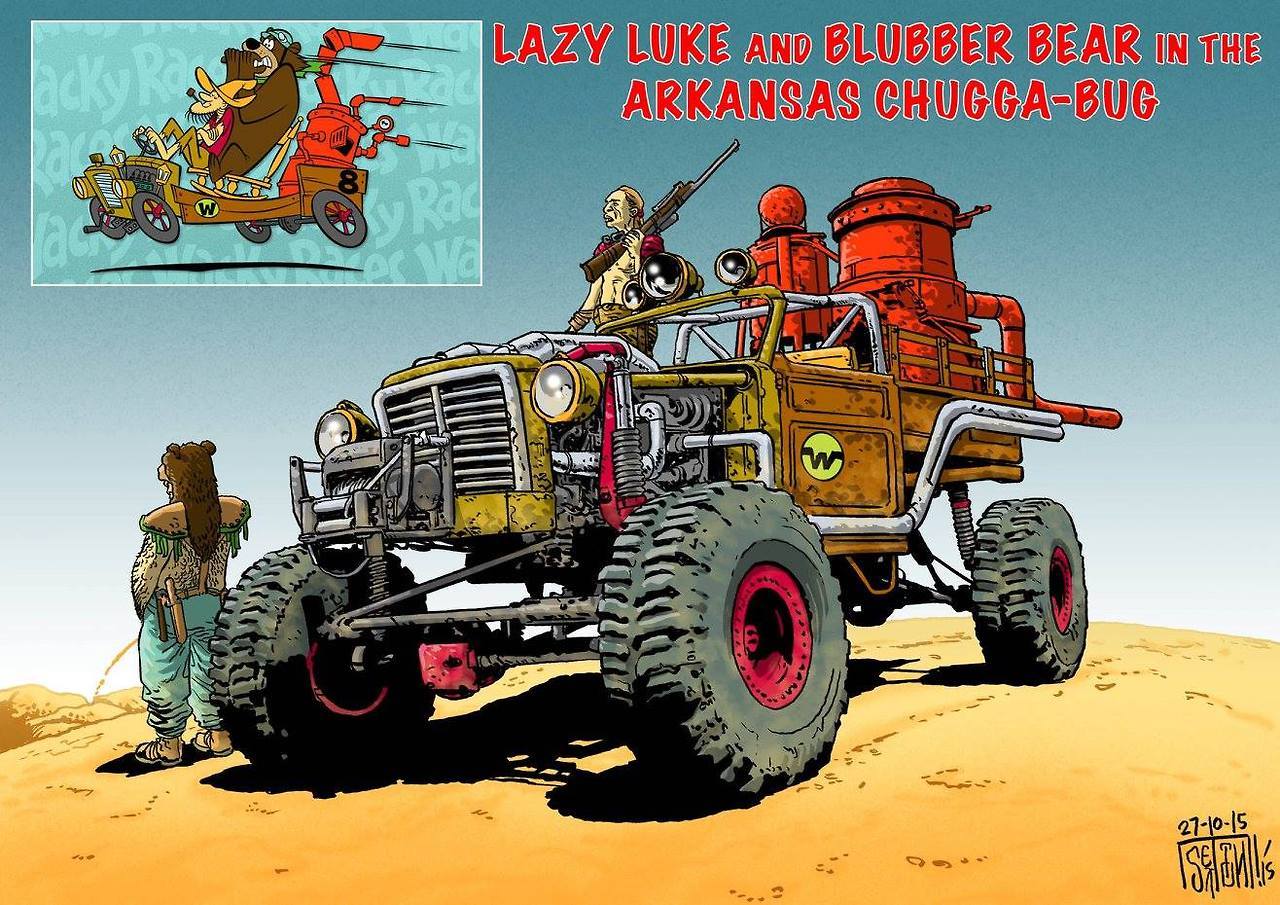 pop-sesivo: Los autos locos en el estilo de Mad Max: Fury Road. Arte: Mark Sexton