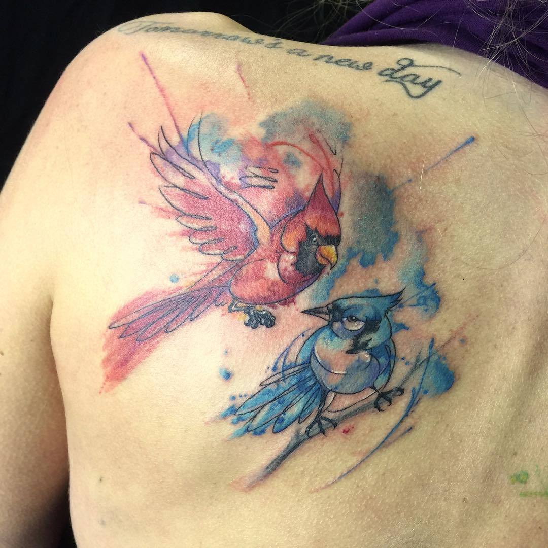 Blue Jay and cardinal tattoo  Pretty excited to finish this large  hipthigh piece that we started today on Shivonna Color will be added next  session  Thank you for sitting so