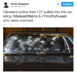 justice4mikebrown:May 23CLEVELAND OFFICER MICHAEL BRELO HAS JUST BEEN ACQUITTED OF MANSLAUGHTER IN THE MURDERS OF TIMOTHY RUSSELL AND MALISSA WILLIAMS.Officer Michael Brelo was one of 13 officers who shot at Timothy Russell and his passenger, Malissa