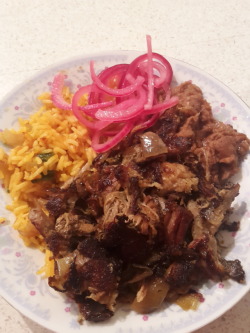 Success!  Pork carnitas, Mexican rice, refried beans and pickled red onion. All from scratch except the refried beans, coz ain&rsquo;t nobody got time for that!  😜