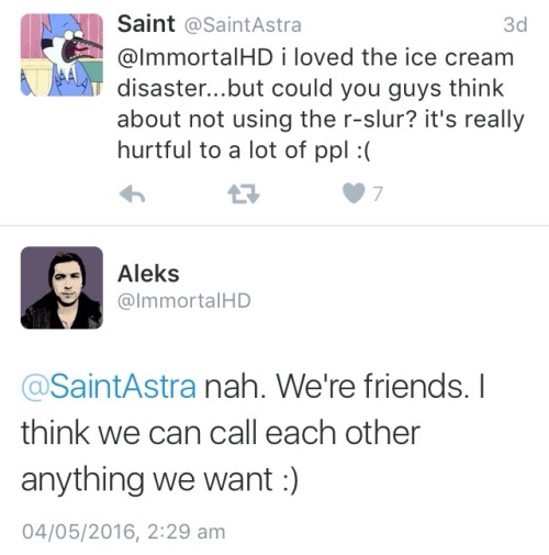 analgrippage: @super-novapolitan heres the tweets of aleks being an ignorant douche &lsquo;Ignor