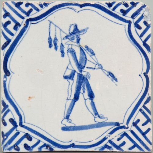 Nice Dutch Delft Blue tile, rat-catcher, first half 17th century.Nice Dutch Delft Blue tile, pikeman