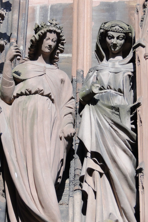 Gothic female sculptures on Cathedral of Strasbourg’s facade, c. 13th-14th century