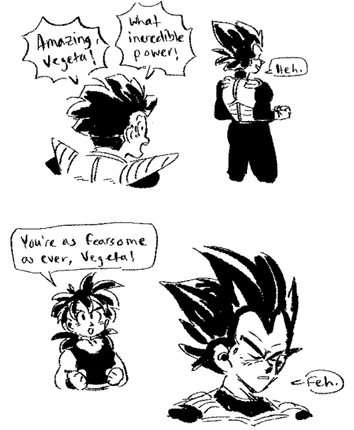 dailycupofcreativitea:Based on quotes from FighterZ. Gohan is always praising Vegeta, and we all k