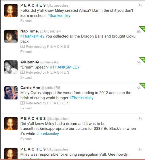 kudipeaches:  chocfroricana:  Some more gems from Black Twitter in response to Miley Cyrus fuckery. - PEACHES  If you don’t know or understand why we’re pissed off about it look it THOROUGHLY up to understand the point of it before you comment and