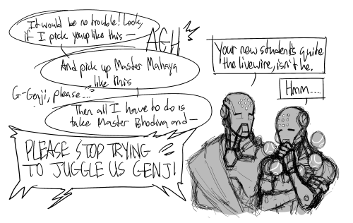 heronfoot:  My fave roboys–I like to think there was this interval where Genji was feeling like an actual person again but hadn’t quite adopted the ascetic lifestyle, and so he just ran around screaming about how incredible it is to be alive, doing