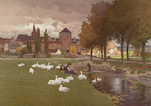 Paul Hey (1867 - 1952) - In Front of the Town. 1907. Colour lithograph.Click to enlarge.