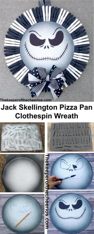halloweencrafts:DIY Jack Skellington Dollar Store Pizza Pan Clothespin WreathMake this easy wreath f
