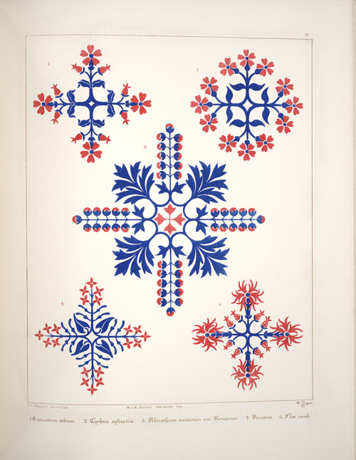 smithsonianlibraries:  Augustus Welby Northmore Pugin’s Floriated ornament: a series of thirty-one designs from 1849 might look more like colorful snowflakes than botanical designs. Although his bold plates are quite striking, Pugin was better known