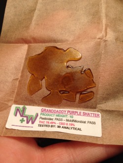 growingmindflowers:  Granddaddy Purple Shatter 78.49% THC 🍇