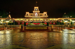 thedisneymaiden:  Disney - Main Street Train Station at Night - With Christmas Decorations by Express Monorail 