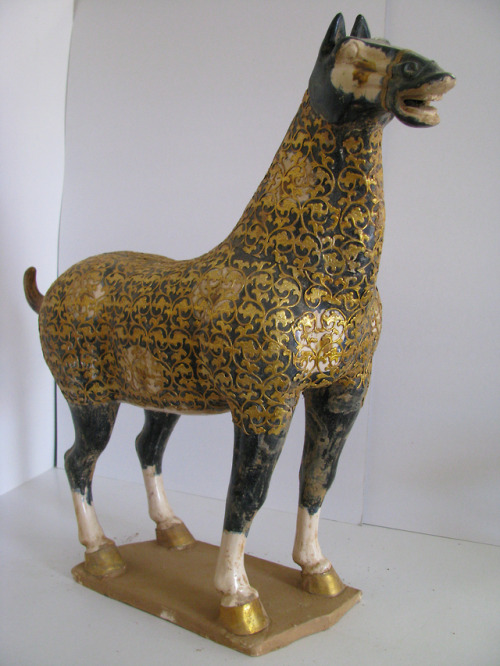 historyarchaeologyartefacts:Sculpture of a horse decorated with gold, China 618–907 (Tang dyna