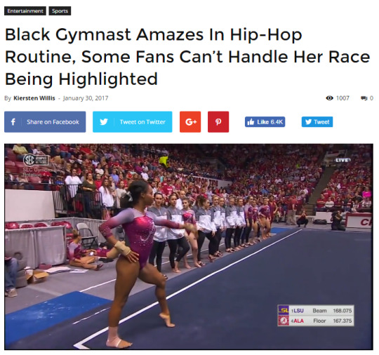 clarknokent: lagonegirl:    University of Alabama gymnast Aja Sims’ hip hop-influenced floor routine was praised as #BlackGirlMagaic, but several non-Black fans took offense to the proclamation.  The hashtag rubbed some viewers the wrong way, leading