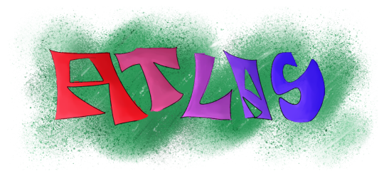 A large logo design saying atlas in large letters with a green background. The letters are in a gradient of red to purple.