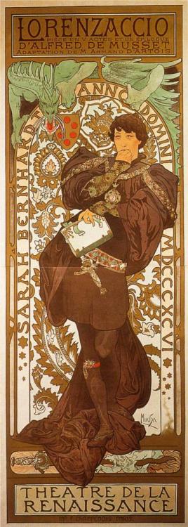 Mucha&rsquo;s Lorenzaccio theatrical poster, 1896. Written by Alfred de Musset, the play is about Lo