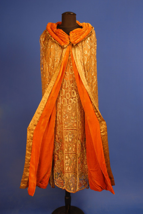 BEADED and JEWELED GOLD LACE DRESS and CAPE, 1920’s