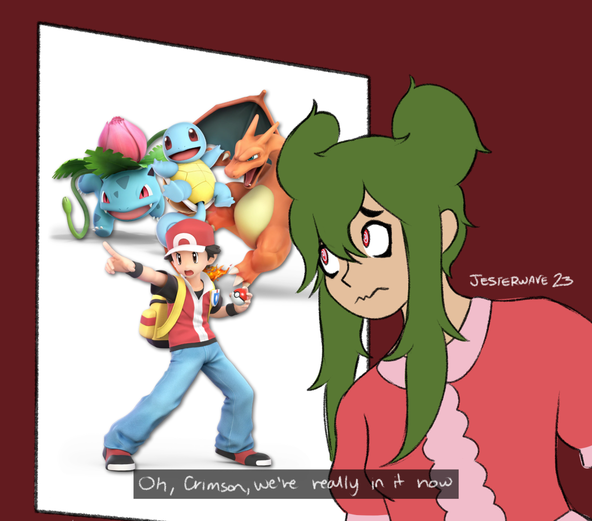 a drawing of Peppermint leaning on a photo of Crimson, with subtitles reading 'Oh, Crimson, we're really in it now.'