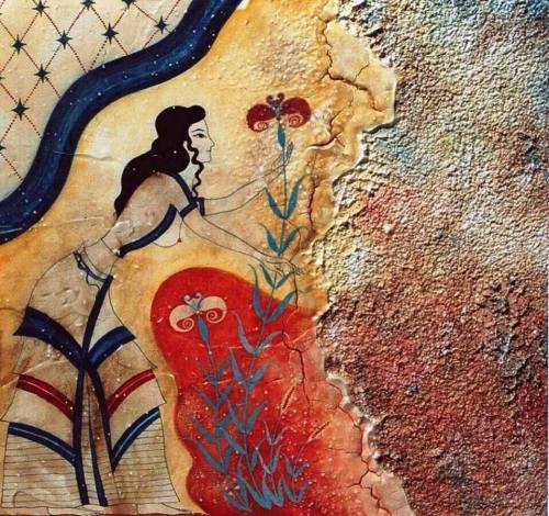 fromthedust:details of Minoan frescos portraying the collection of crocus (saffron plant), with offe