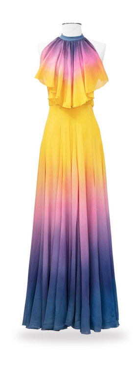 Balestra, 1972, Sunbathing dress with pleated collar and matching capeShading yellow, pink and navy 