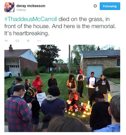 justice4mikebrown:  April 19Candlelight vigil and memorial for Thaddeus McCarroll.