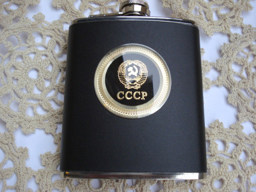 Black Up-Cycled Leather Flask with Soviet Union Crest / Stainless steel by Krassim (19.00 USD) http: