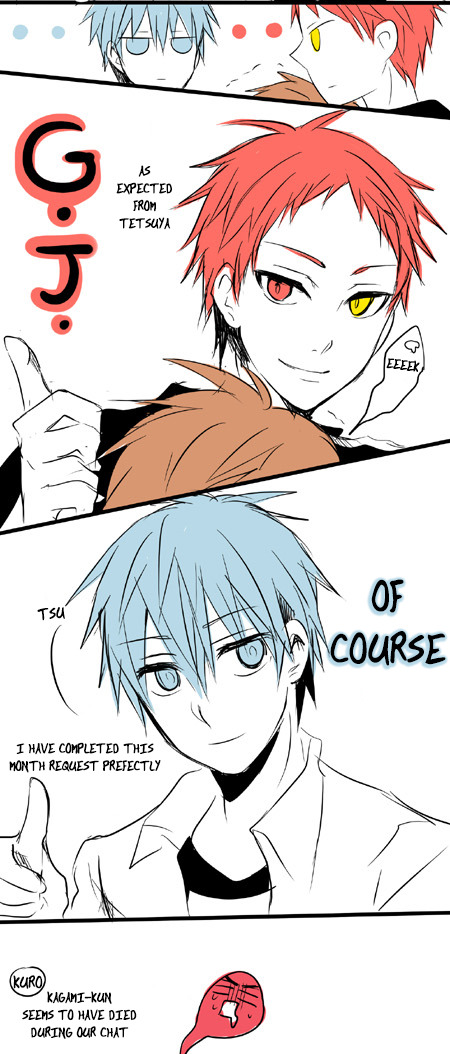 yukimuzic:  AkaFuri Kuroko helps Akashi scare Furihata. By: かお Original Here: http://www.pixiv.net/member_illust.php?mode=medium&amp;illust_id=32891796