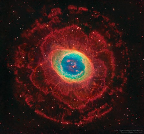 2024 April 28 Rings Around the Ring Nebula
Image Credit: Hubble, Large Binocular Telescope, Subaru Telescope; Composition & Copyright: Robert Gendler
Explanation: The Ring Nebula (M57) is more complicated than it appears through a small telescope....