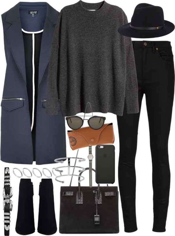 Inspired outfit with a waist coat by pagesbyhayley featuring Topshop
H M cashmere sweater, 130 AUD / Topshop jacket, 91 AUD / Yves Saint Laurent high-waisted jeans, 800 AUD / Ankle boots, 695 AUD / Yves Saint Laurent tote bag, 3 005 AUD / ASOS silver...