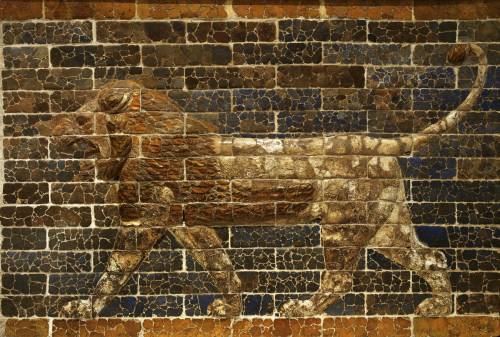 Glazed brick relief of a striding lion from the palace of Nebuchadnezzar II. Babylon, 600 BC