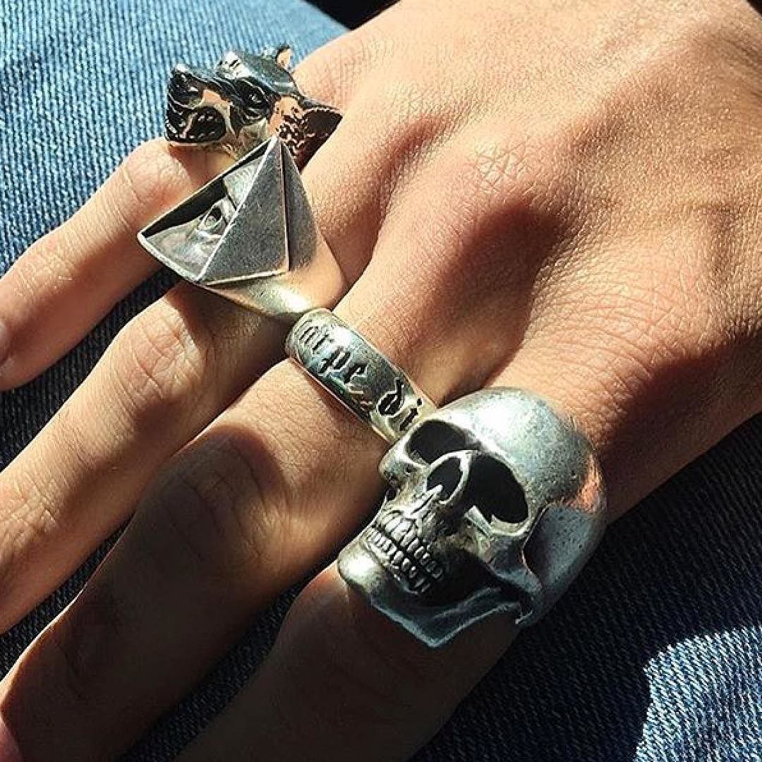 From left to right: Our Cat ring Small Kudu Bone Hand Helm ring All Seeing  Eye And Skull and Crossbones signet. All are … | Cat ring, Cartier love  bracelet, Jewelry