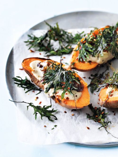 intensefoodcravings:Baked Sweet Potatoes with Hummus & Kale | Donna Hay